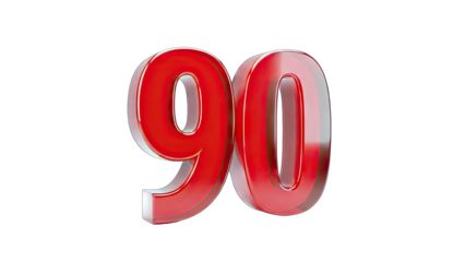 3D Red 3D Number 90 with Glossy Finish on transparent background