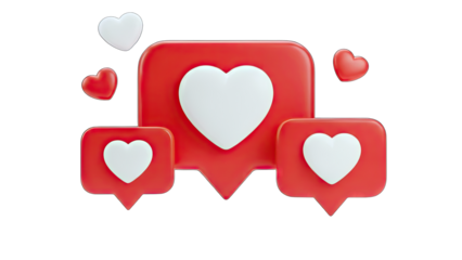 3D social media hearts and notification bubbles on transparent background