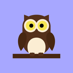 Obraz premium Simple Flat Owl Illustration Perched on a Branch with Large Yellow Eyes and Brown Feathers on a Soft Purple Background Design