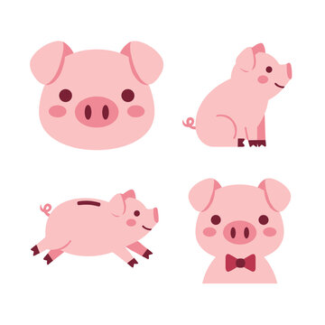 Adorable Pink Pig Character Collection Featuring Piggy Bank Runing Pose and Pig with Bowtie for Farm Animal and Saving Concept