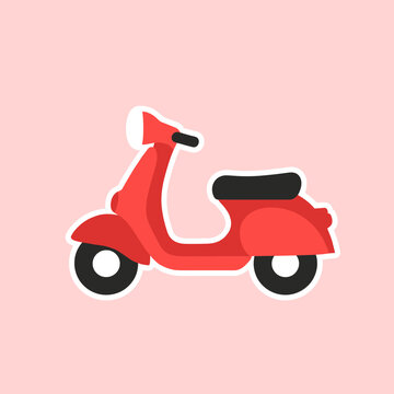 Red vintage motor scooter sticker icon isolated on pink background, retro moped delivery transport flat vector illustration design