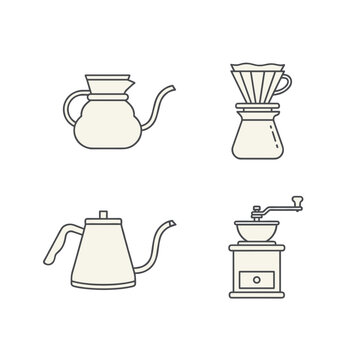 Professional pour over coffee brewing equipment set with kettle dripper and manual grinder line art icons for cafe and baristas