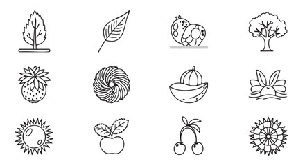 Variety of nature elements in outline style on a white background