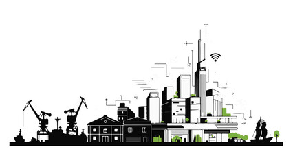 Obraz premium Modern city skyline blending industrial harbor with futuristic digital connectivity