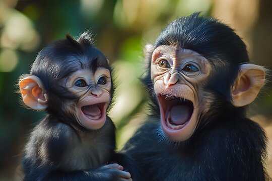 A baby monkey giggling as its mother makes funny faces, a moment of pure joy and laughter.