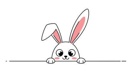 Obraz premium Adorable white rabbit character with pink ears peeking over a white edge for Easter holiday greetings and cute animal themed designs.