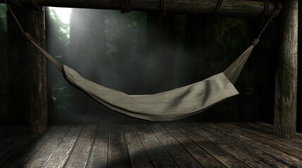A hammock suspended between two wooden posts in a dark forest.