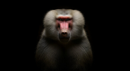 Intense portrait of a Hamadryas Baboon against a black background.