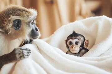 A baby monkey playfully hiding under a white blanket, its mother pretending to search for it with exaggerated gestures.