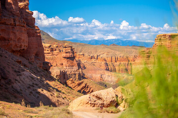 Fototapeta premium Charyn Canyon, Valley of Castles. The excellence of Kazakhstan. Panorama of natural unusual landscape. The red canyon of extraordinary beauty looks like a Martian landscape.
