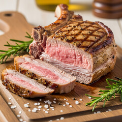 Grilled pork chop with rosemary garnish on a wooden cutting board meat sliced meat