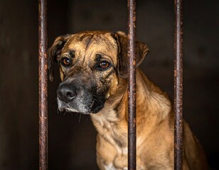 Dog behind rusty bars, staring with soulful eyes, in dimly lit enclosure