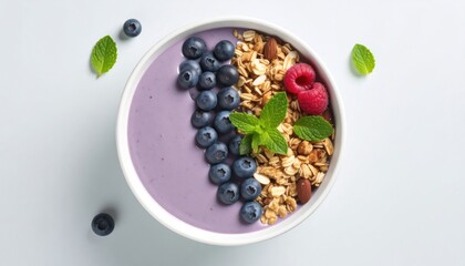 lant-Based Breakfast Bowl &ndash; Acai, Berries, Granola, Top View