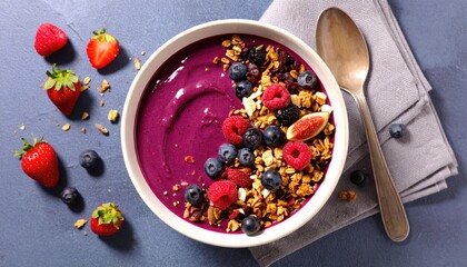 lant-Based Breakfast Bowl &ndash; Acai, Berries, Granola, Top View