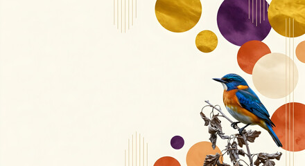 Eastern Bluebird Perched on Branch with Abstract Circle Background.