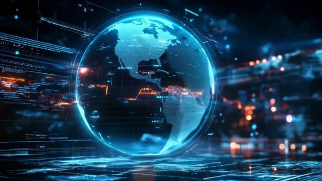 Rotating 3D globe in digital interface showcasing real-time data and global information