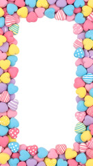 Fototapeta premium A vibrant border of colorful heart-shaped candies in pastel shades of pink, yellow, blue, and purple.