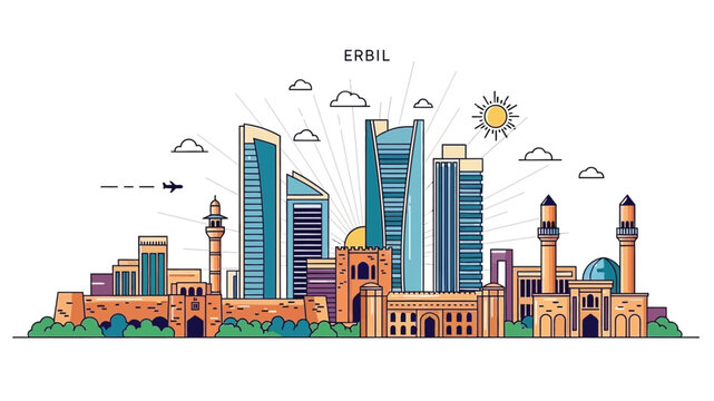 Vibrant Erbil City Skyline Illustration Modern and Historic Architecture Blending Under a Clear Sky in a Colorful Vector Art Style