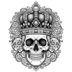 Intricate Skull with Crown Illustration - A Detailed Grayscale Artwork.