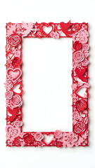 A decorative rectangular picture frame adorned with various red and pink Valentine's Day themed embellishments.