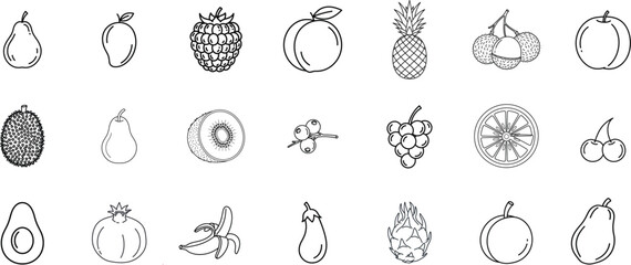 Collection of black and white line art fruit icons on white background pear mango