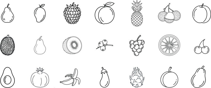 Collection of black and white line art fruit icons on white background pear mango