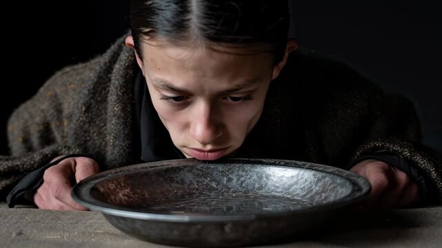 A young boy sits in a dimly lit room, gazing longingly at an empty bowl. His expression reveals hunger and anticipation as he hopes for food to arrive