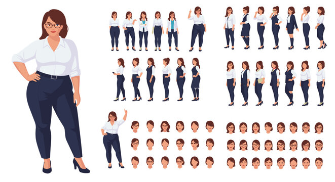 Full character set for a plus size businesswoman in professional attire with numerous poses expressions and views for creative projects.