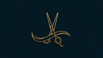 Luxury gold line barber scissors cutting flowing hair icon on dark blue background. 
