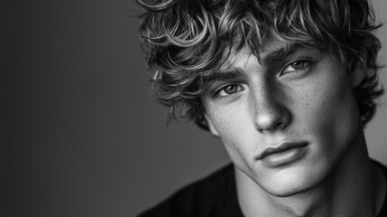 A young man with curly hair, wearing a black t-shirt, looking directly at the camera with a serious expression.