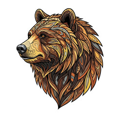 Intricate Bear Head Illustration with Ornamental Details and Warm Tones.