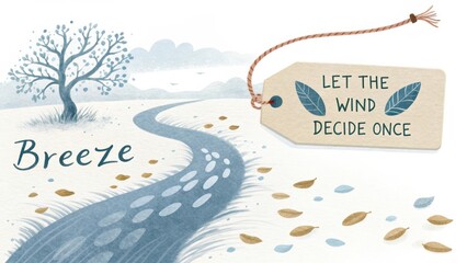 Peaceful nature scene with winding path, tree, falling leaves, and inspirational quote about letting the wind decide once