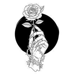 Ethereal Hand Holding a Rose - A Gothic Floral Illustration.
