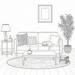Cozy Living Room Interior Design Coloring Page.