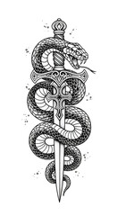 Intricate Snake and Dagger Tattoo Design in Black and White.