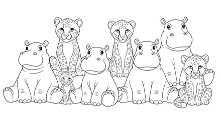 Obraz premium Coloring page for children featuring a group of friendly hippopotamuses and spotted leopards sitting together in a zoo or safari theme.