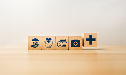 Wooden blocks displaying family insurance, health protection, financial coverage, medical support, healthcare cross, symbolizing comprehensive insurance services, wellness benefits, security planning