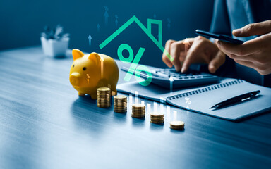 Business professional calculating savings and interest rates with smartphone, calculator while analyzing coin stacks and mortgage indicators to support financial planning, investment decisions