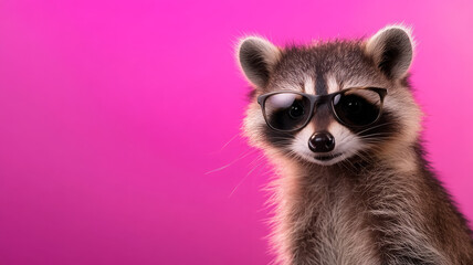 Raccoon sunglasses pink background cool animal mammal stylish fun portrait happy cute raccoon