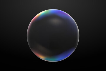 Single realistic soap bubble with colorful iridescent reflections and highlights, isolated on a dark background. High quality vector illustration for laundry, cleaning, or beauty product designs.