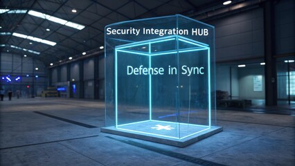 Blue Glowing Security Integration Hub Displaying Defense in Sync in Industrial Warehouse Setting with High-Tech Vibe