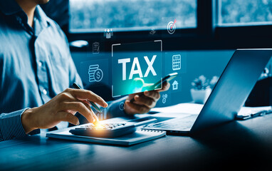 Professional calculating taxes using digital tools, representing online tax filing, financial management, income planning, compliance, digital accounting, and modern tech-driven financial operations