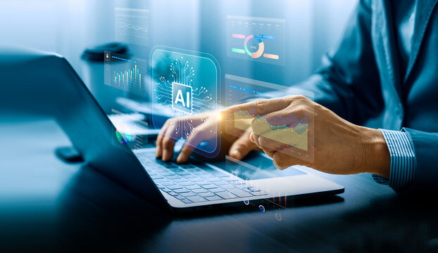 Artificial intelligence and data analytics concept with businessman using laptop and AI interface to analyze charts and performance, symbolizing innovation, automation, and human AI collaboration - Powered by Adobe