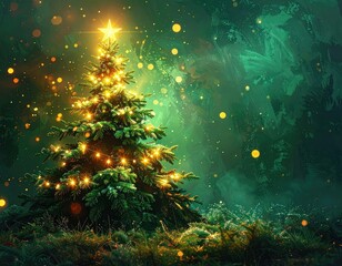 A luminous Christmas tree adorned with warm lights stands magically in a deep green, misty forest setting.