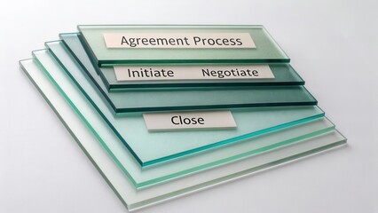Layers of Glass Illustrating Business Agreement Process with Labels for Initiate, Negotiate, and Close Steps