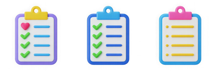 Three 3D Plastic Style Clipboards With Check Marks And Hearts In A Clean Isolated Composition Against a Transparent Background