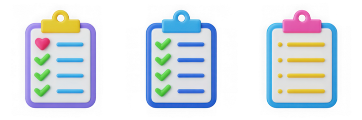 Three 3D Plastic Style Clipboards With Check Marks And Hearts In A Clean Isolated Composition Against a Transparent Background