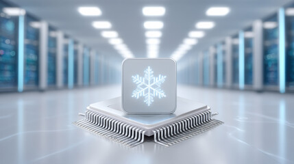 Futuristic cooling technology on computer chip with cold snowflake in server room data center