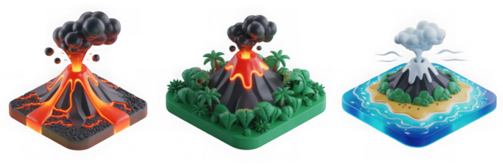 Three Dimensional Isometric Illustration of Volcanic Islands with Ocean and Erupting Volcanoes in Vibrant Colors and Plasticine Style with Transparent Background