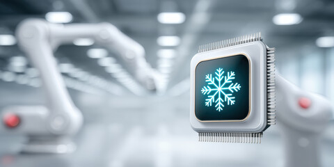 Advanced cooling chip technology with snowflake icon keeps processor cold in industrial factory